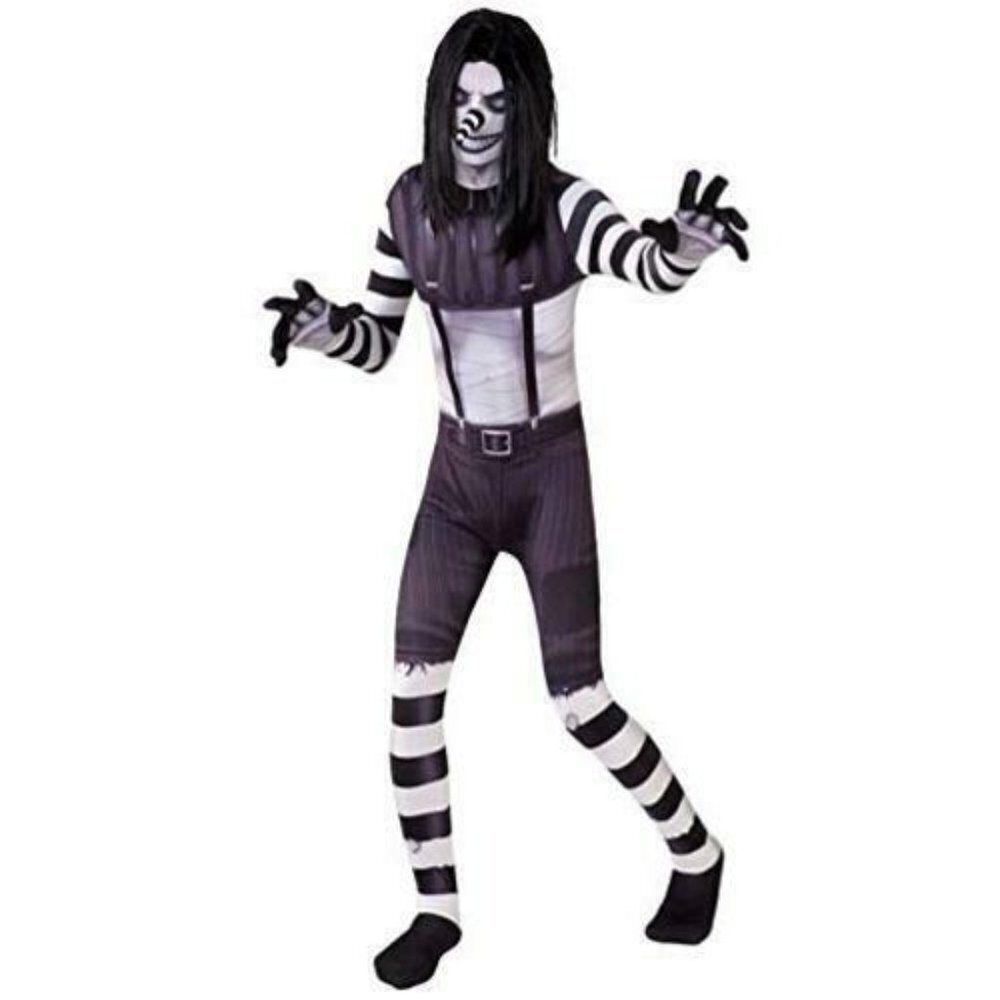 NEW Laughing Jack Morphcostumes Black White Costume Boy Medium 8-10 Bodysuit Wig